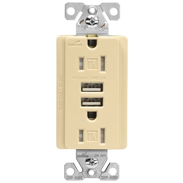 Receptáculo Arrow Hart EATON TR7755VKL, 15 A, 125 V, 2 puertos USB, NEMA NEMA 515R, marfil - TR7765V-KB-L
