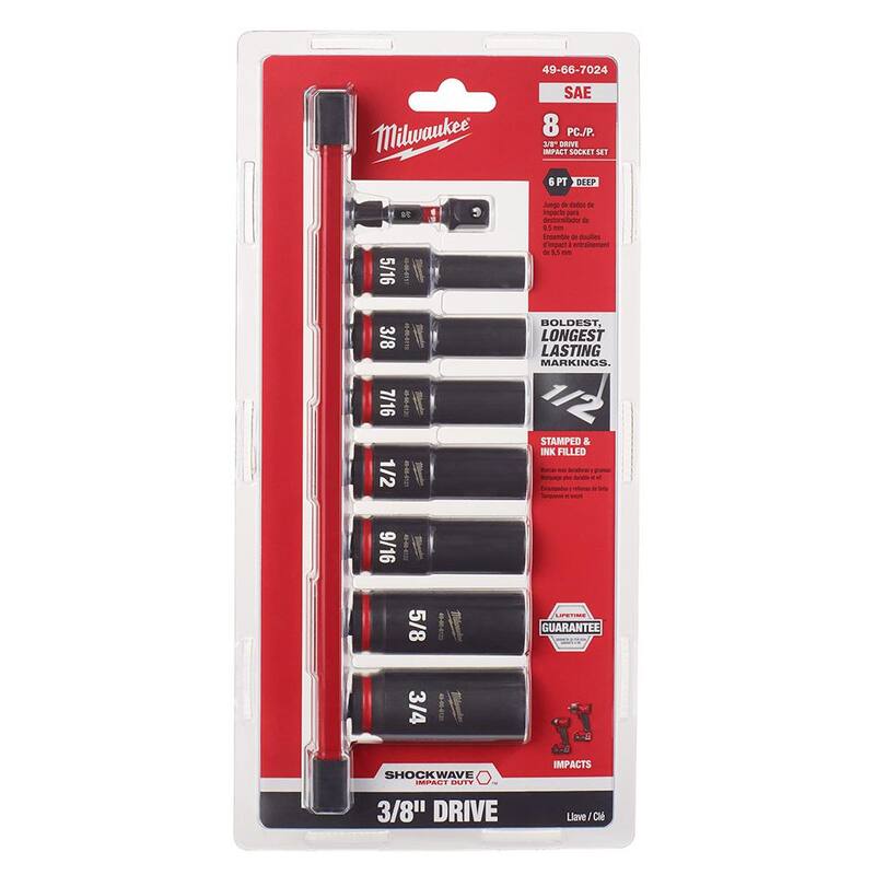 Juego de sockets de impacto profundos SAE de 3/8 pulg. Milwaukee SHOCKWAVE con 3/8 pulg. SAE Low Profile de 6 puntos (18 piezas) - 49-66-7024-48-22-9403