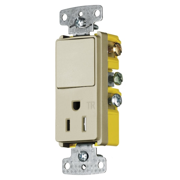 Dispositivos Combinados Hubbell Wiring Device-Kellems, Grado Residencial, Serie Decorativa, 1) Interruptor de palanca unipolar, 1) Receptáculo simple resistente a manipulaciones, 15A 120V AC, Conexión lateral - RCD108ITR
