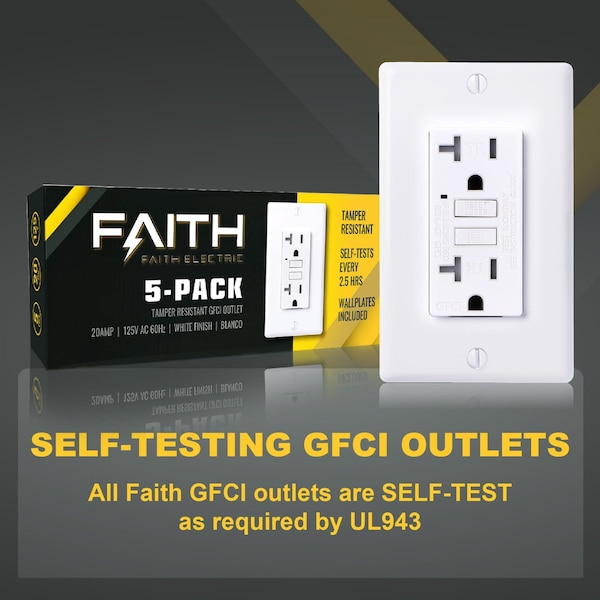 Interruptores de corriente residual GFCI Faith 20A delgados, tomacorrientes dobles con indicador LED, auto-prueba, blanco, paquete de 5 - GLS-20ATR-WH-05