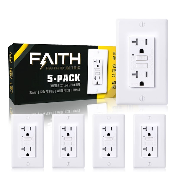 Interruptores de corriente residual GFCI Faith 20A delgados, tomacorrientes dobles con indicador LED, auto-prueba, blanco, paquete de 5 - GLS-20ATR-WH-05