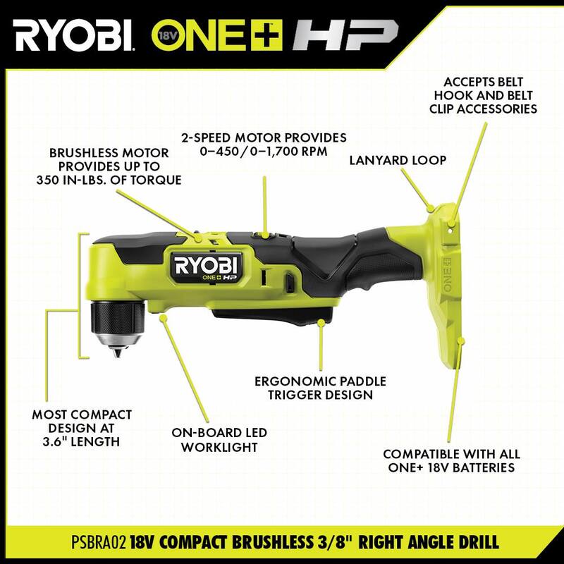 RYOBI ONE+ HP 18V Kit Combo Compacto Inalámbrico sin Escobillas de 2 Herramientas con Taladro de Ángulo Recto de 3/8 pulgadas y Herramienta de Corte (Solo Herramientas) - PSBRA02B-PSBCS02B