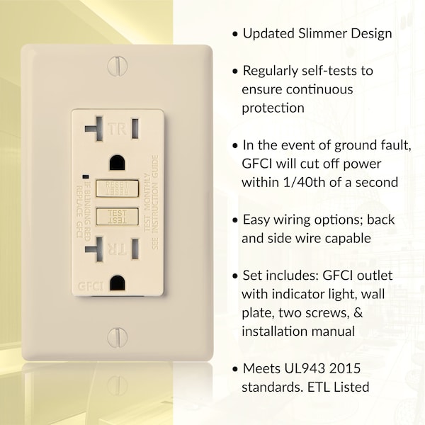 Receptáculo de salida GFCI autoprueba de 20A TR con placa de pared, marfil, paquete de 10 - GLS-20ATR-IV-10