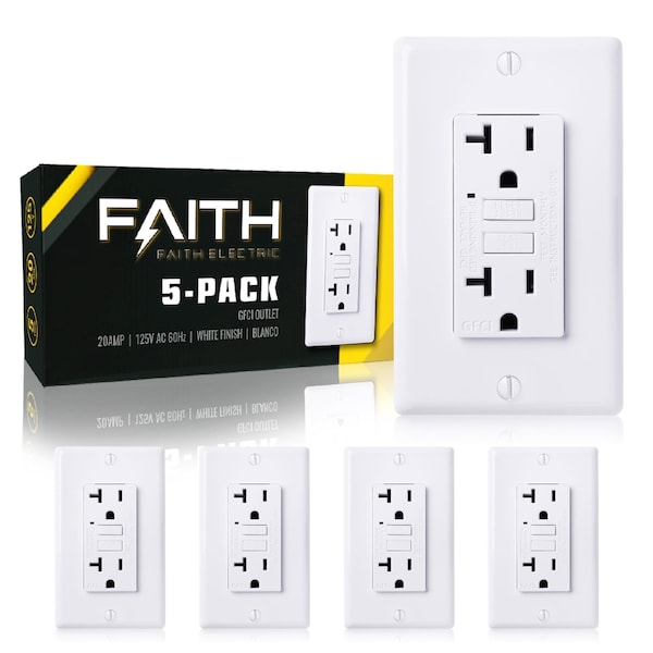 Tomacorriente GFCI de 20 amperios y 125 voltios, color blanco, paquete de 5 - GLS-20A-WH-05