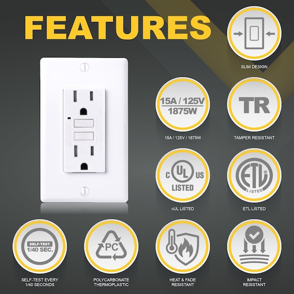 Tomacorrientes GFCI Faith 15A, Resistente a la Temperatura, Doble Receptáculo GFI con Indicador LED/Placa de Pared, Certificado ETL, Blanco, Paquete de 5 - GLS-15ATR-WH-05
