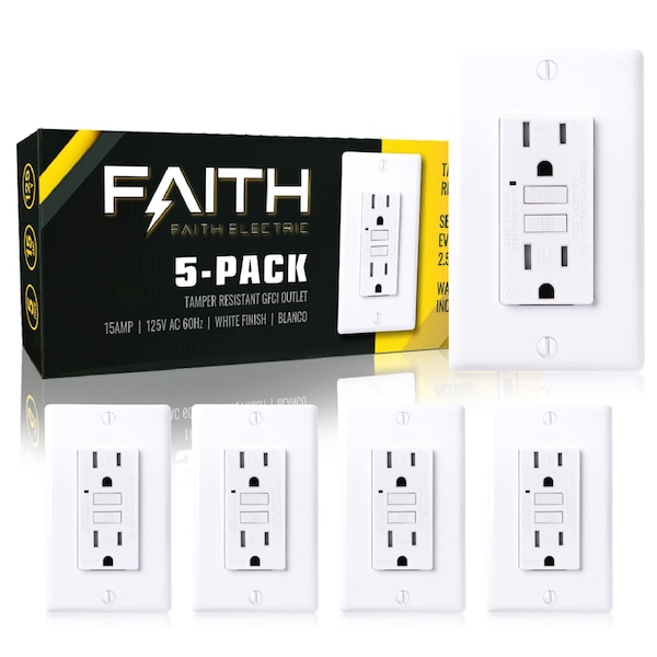 Tomacorrientes GFCI Faith 15A, Resistente a la Temperatura, Doble Receptáculo GFI con Indicador LED/Placa de Pared, Certificado ETL, Blanco, Paquete de 5 - GLS-15ATR-WH-05