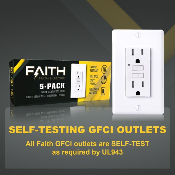 Tomacorrientes GFCI Faith 15A, Resistente a la Temperatura, Doble Receptáculo GFI con Indicador LED/Placa de Pared, Certificado ETL, Blanco, Paquete de 5 - GLS-15ATR-WH-05