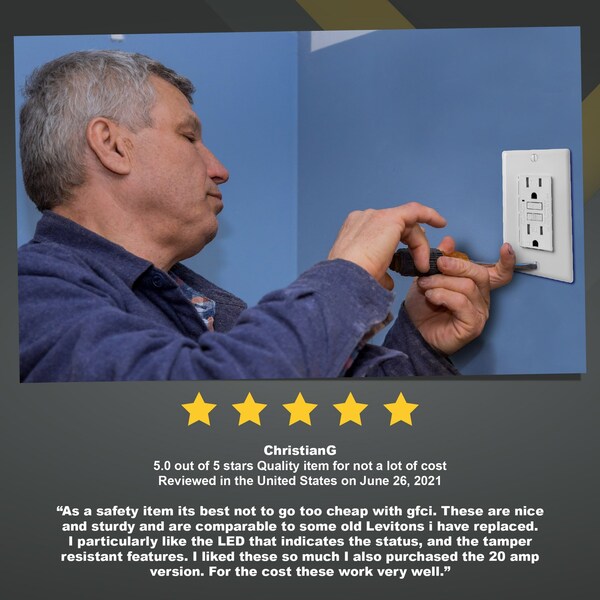 Tomacorrientes GFCI Faith 15A, Resistente a la Temperatura, Doble Receptáculo GFI con Indicador LED/Placa de Pared, Certificado ETL, Blanco, Paquete de 5 - GLS-15ATR-WH-05