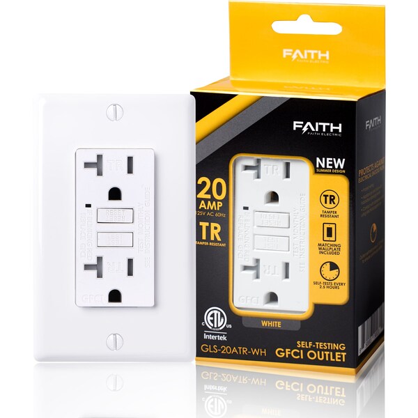 Tomacorriente GFCI de 20A con auto prueba y placa de pared, blanco - GLS-20ATR-WH