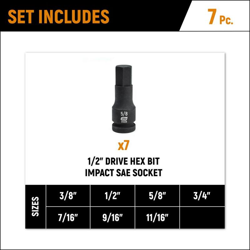 Set de llaves de impacto con bits hexagonales de 1/2 pulgadas en sistema SAE (7 piezas) - 84941