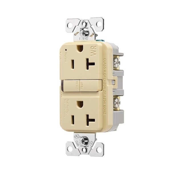 Receptáculo Eaton con protección contra manipulaciones y resistente a la intemperie, GFCI de 125 V, 20 A, NEMA: NEMA 5-20R, cableado posterior y lateral - TWRGF20V