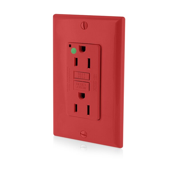 Receptáculo GFCI Leviton, 15A, 125Vac, 5-15R, Rojo - GFNT1-HGR