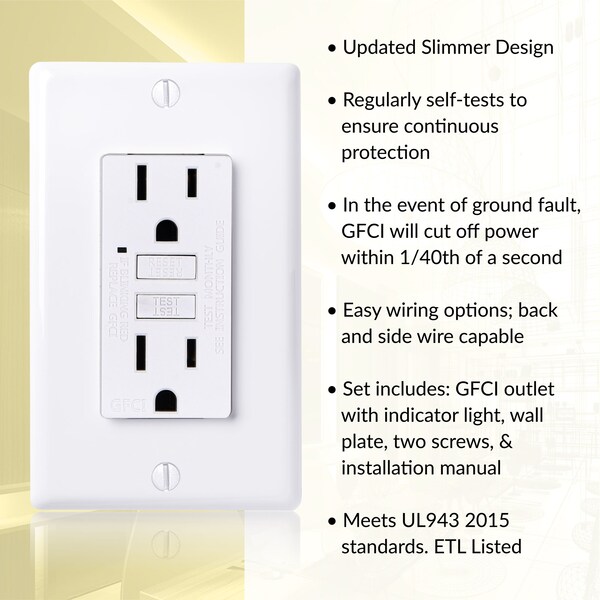 Salida GFCI de autoevaluación de 15A, enchufe GFI con placa de pared, color blanco - GLS-15A-WH