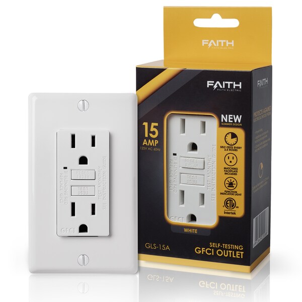 Salida GFCI de autoevaluación de 15A, enchufe GFI con placa de pared, color blanco - GLS-15A-WH