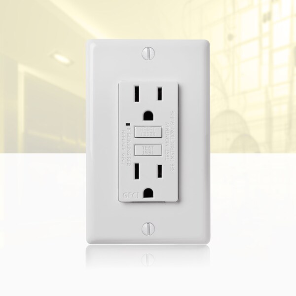 Salida GFCI de autoevaluación de 15A, enchufe GFI con placa de pared, color blanco - GLS-15A-WH