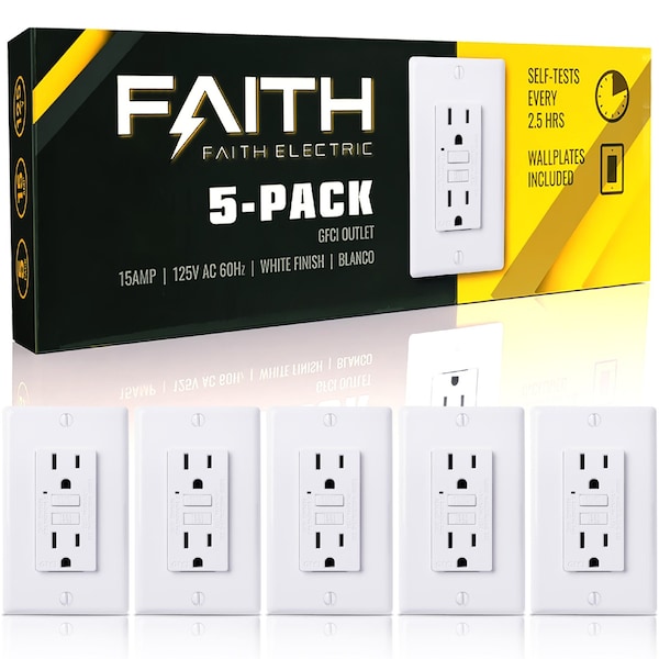Salidas GFCI Faith 15A, Tomacorrientes GFI Duplex con Indicador LED y Placa de Pared, Certificados ETL, Blanco, Paquete de 5 - GLS-15A-WH-05