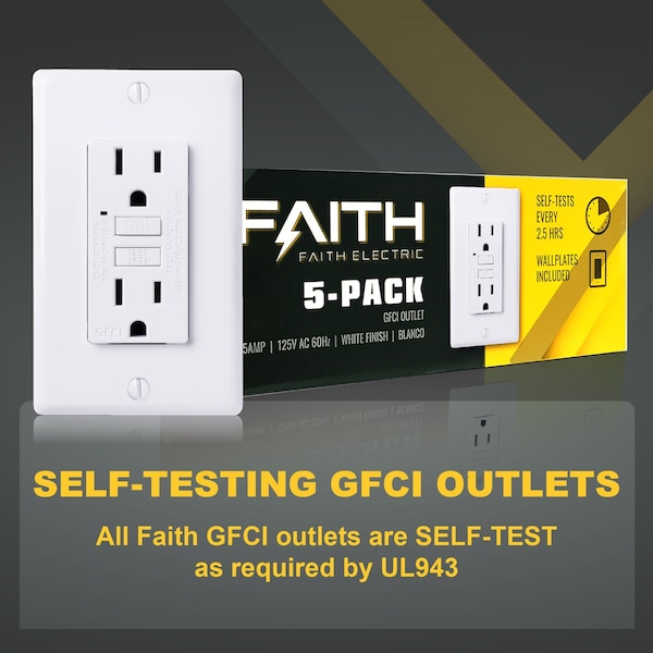 Salidas GFCI Faith 15A, Tomacorrientes GFI Duplex con Indicador LED y Placa de Pared, Certificados ETL, Blanco, Paquete de 5 - GLS-15A-WH-05