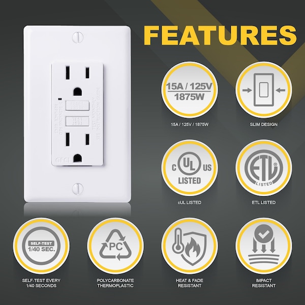 Salidas GFCI Faith 15A, Tomacorrientes GFI Duplex con Indicador LED y Placa de Pared, Certificados ETL, Blanco, Paquete de 5 - GLS-15A-WH-05