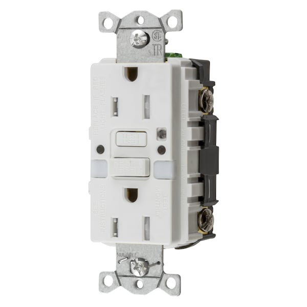 Productos de protección de energía Hubbell Wiring Device-Kellems, Receptáculos, GFCI, Grado Comercial, Autoevaluación, 15A 125V, 2 Polos 3 Cables a Tierra, 5- 15R, Con Luz de Noche, Blanco - GFTRST15WNL