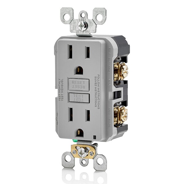 Receptáculo GFCI Leviton, 15A, 125Vac, 5-15R, Gris - GFNT1-GY