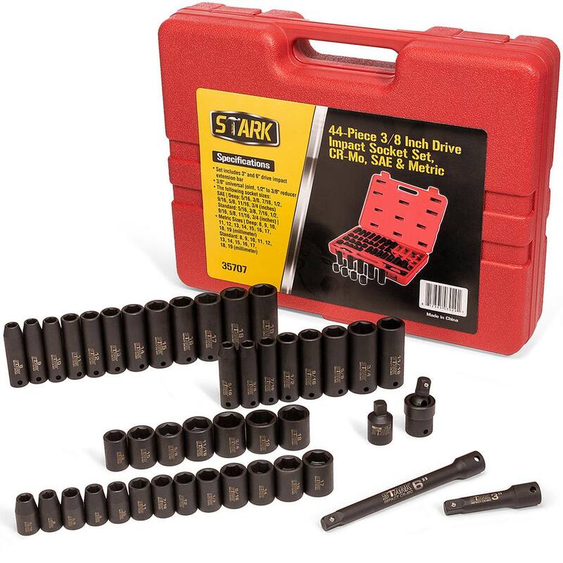 Estuche de transporte de juego de dados de impacto Stark 3/8 pulg. con puntas superficiales y profundas SAE y métricas (44 piezas) - 35707