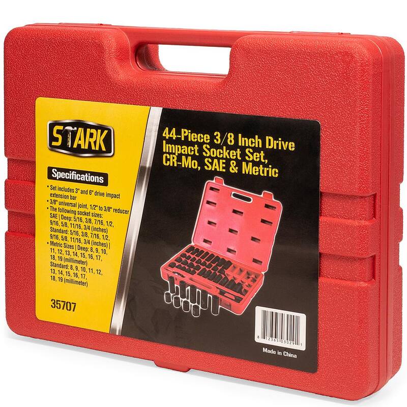 Estuche de transporte de juego de dados de impacto Stark 3/8 pulg. con puntas superficiales y profundas SAE y métricas (44 piezas) - 35707