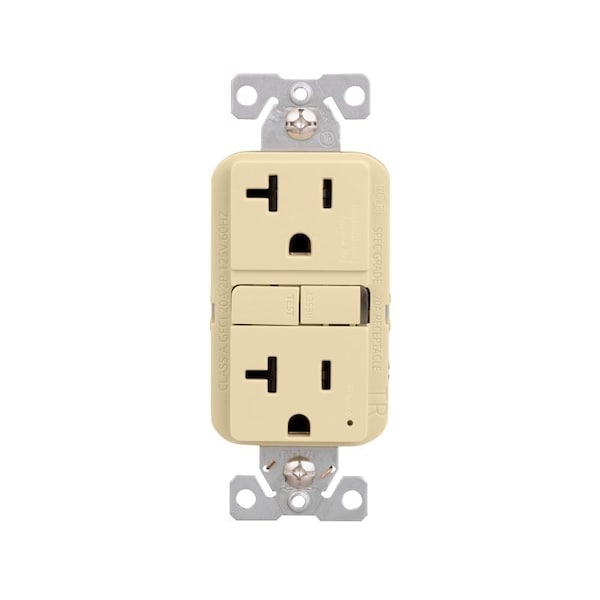 Eaton Receptáculo GFCI resistente a manipulaciones, 125 V, 20 A, NEMA: NEMA 5-20R, Cableado trasero y lateral, Marfil - TRGF20V