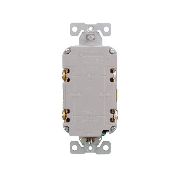Eaton Receptáculo GFCI resistente a manipulaciones, 125 V, 20 A, NEMA: NEMA 5-20R, Cableado trasero y lateral, Marfil - TRGF20V