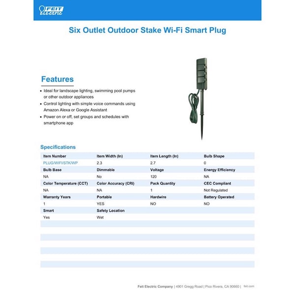 Feit Electric Feit Smart Home Outdoor 6 ft. L Green Smart-Enabled Outlet Stake 14/3 - PLUGWIFISTKWP