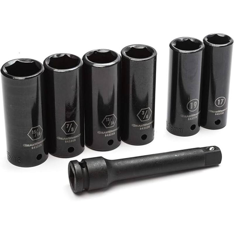 Juego de dados de impacto para tuercas profundas SAE/Métricas de 1/2 pulgadas de GEARWRENCH con estuche de almacenamiento (7 piezas) - 89083
