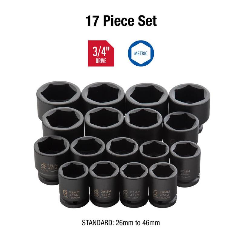 SUNEX TOOLS Juego de 17 piezas de vasos de impacto métricos de servicio pesado de 3/4 de pulgada - 4684