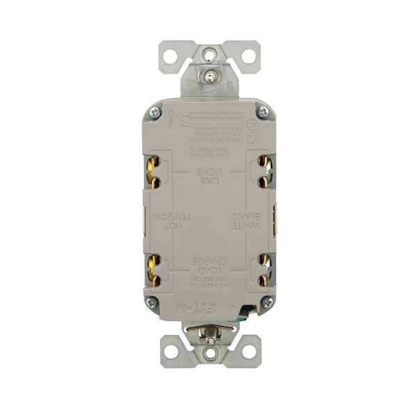 Receptáculo GFCI resistente a manipulaciones Eaton, 125 V, 15 A, NEMA: NEMA 5-15R, Cableado posterior y lateral, Almendra clara - TRGF15LA