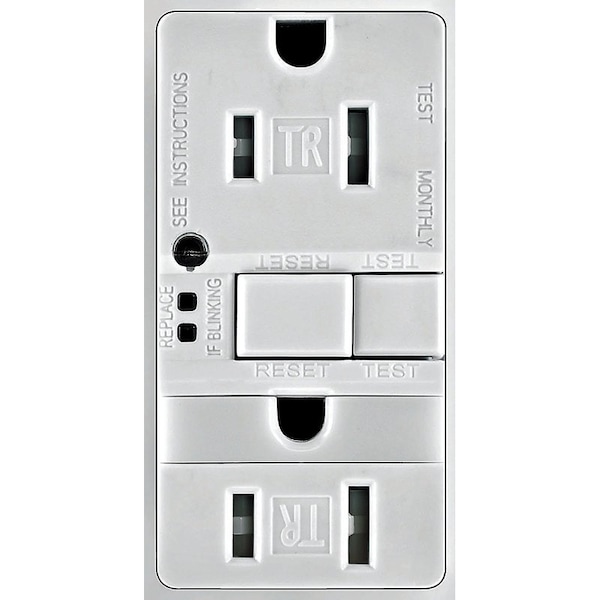 Dispositivo de cableado Eaton GFCI y Luz nocturna, 2 polos, 15 A, 125 V, Conexión posterior y lateral, NEMA 5-15R, Blanco - TRSGFNL15W-K-L