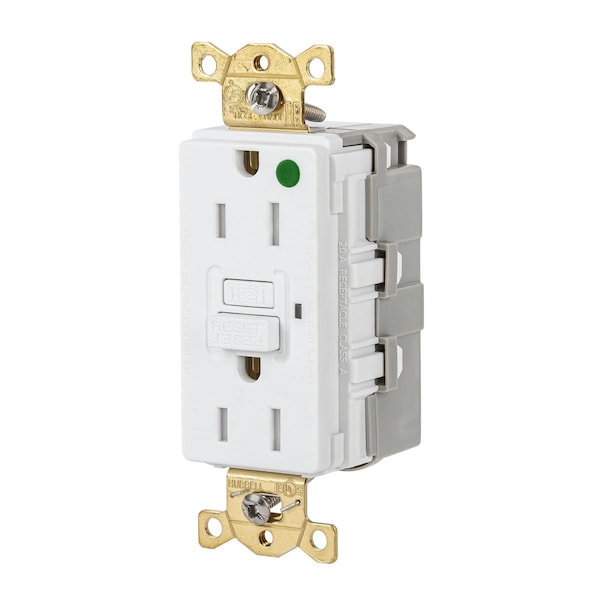 Receptáculo GFCI Hubbell Wiring Device-Kellems, 15 amperios, blanco, resistente, a prueba de manipulaciones, resistente a la intemperie, autoevaluación - SNAPGFTW82W