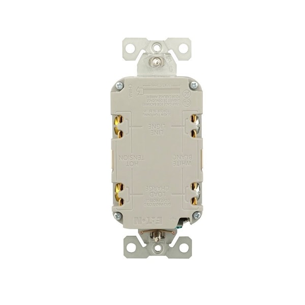 Receptáculo GFCI resistente a manipulaciones Eaton, 125 V, 20 A, NEMA: NEMA 5-20R, cableado posterior y lateral, almendra clara - TRGF20LA