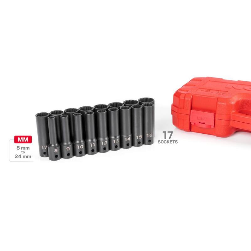Juego de llaves de impacto de 12 puntos de 1/2 pulgada TEKTON, tamaño profundo (17 piezas) (8 - 24 mm) - SID92339