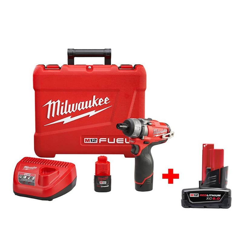Milwaukee M12 FUEL 12V Destornillador inalámbrico de 1/4 de pulgada con hexagonal de 2 velocidades Kit con paquete de batería M12 de 6.0 Ah - 2402-22-48-11-2460