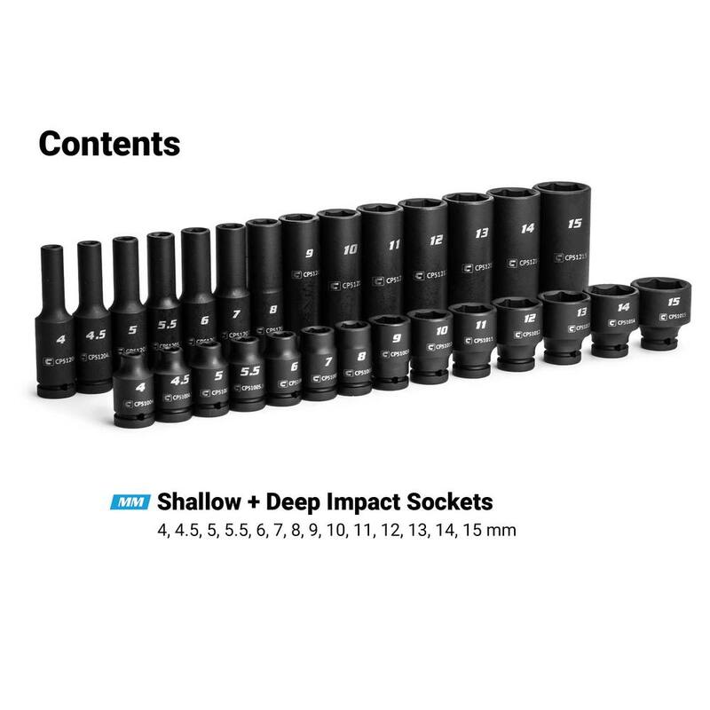 Juego de vasos de impacto rasos y profundos de 1/4 pulgadas con unidad métrica de 6 puntas (28 piezas) - CP51000-28MSD
