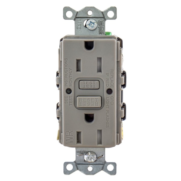 Hubbell Wiring Device-Kellems GFCI Receptacle, 15A, 125VAC, 5-15R, Gray - GFRTW15GRY