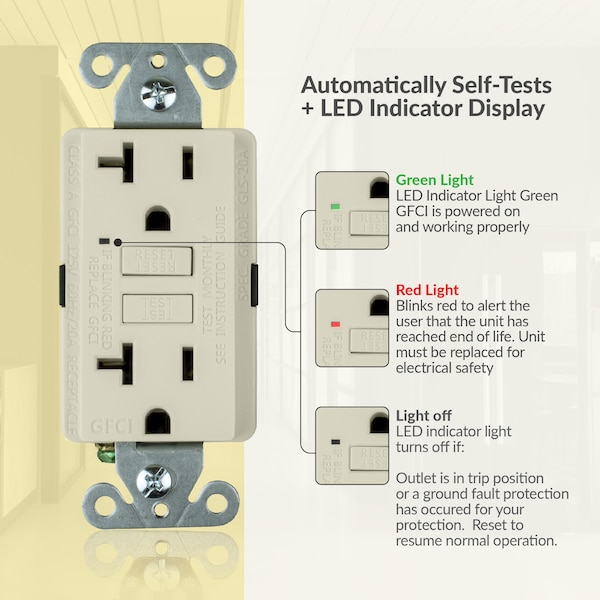 Receptáculo de salida GFCI de auto prueba 20A, Light Almond, PK 10 - GLS-20A-LA-10