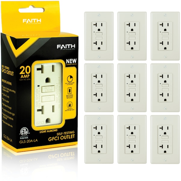 Receptáculo de salida GFCI de auto prueba 20A, Light Almond, PK 10 - GLS-20A-LA-10