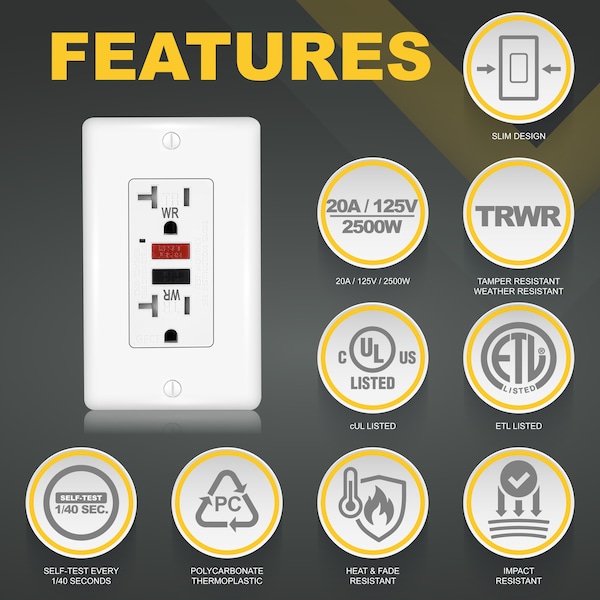 Tomacorrientes exteriores GFCI Faith 20A, WR y TR, Interruptor de circuito de falla a tierra con placa de pared, blanco - GLS-20ATRWR-RB