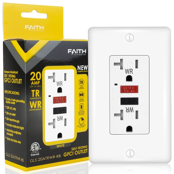 Tomacorrientes exteriores GFCI Faith 20A, WR y TR, Interruptor de circuito de falla a tierra con placa de pared, blanco - GLS-20ATRWR-RB