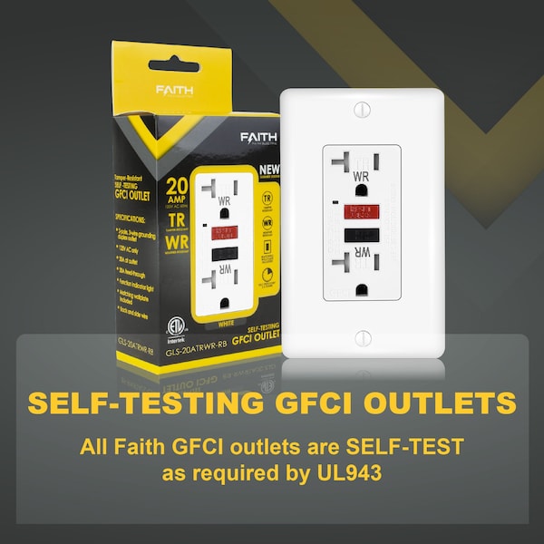 Tomacorrientes exteriores GFCI Faith 20A, WR y TR, Interruptor de circuito de falla a tierra con placa de pared, blanco - GLS-20ATRWR-RB