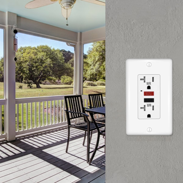 Tomacorrientes exteriores GFCI Faith 20A, WR y TR, Interruptor de circuito de falla a tierra con placa de pared, blanco - GLS-20ATRWR-RB