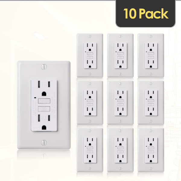 Tomacorriente GFCI con Autoprueba 15A TR con Placa de Pared, Blanco, Paquete de 10 - GLS-15ATR-WH-10