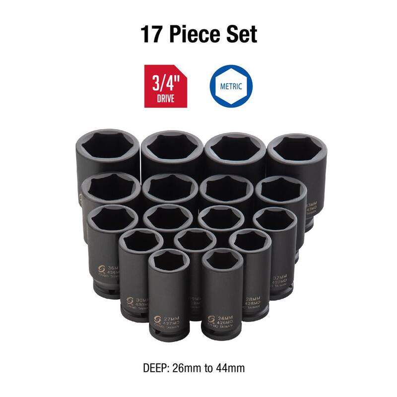 Juego de 17 piezas de dados de impacto métricos profundos de 3/4 de pulgada de SUNEX TOOLS - 4686