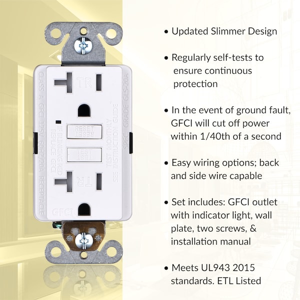 Salida de Receptáculo GFCI de 20A con Autoprueba, Blanco, Paquete de 3 - GLS-20ATR-WH-03