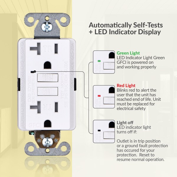 Salida de Receptáculo GFCI de 20A con Autoprueba, Blanco, Paquete de 3 - GLS-20ATR-WH-03