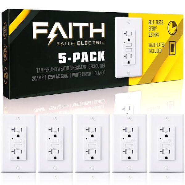 Tomacorriente GFCI exterior Faith 20A delgado, resistente a la intemperie y al sabotaje, autocorrección, blanco, paquete de 5 - GLS-20ATRWR-WH-05